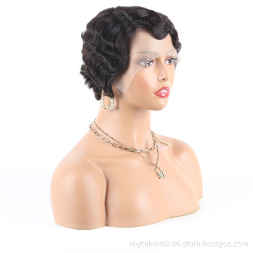 Hepburn Style Short Hair Lace Front Wig For Women, Cheap Ocean Wave Cambodian Virgin Human Hair Swiss J Shape Lace Wig